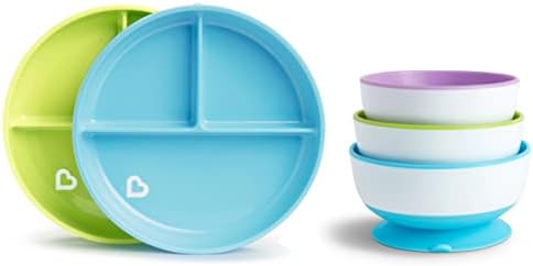 Munchkin Stay Put Bowls and Divided Plates 5 Pack Blue Green Purple
