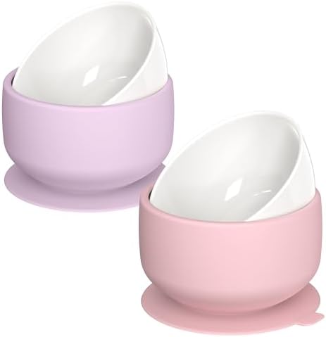 KingKam 2-Pack Porcelain Bowls with Silicone Suction Sleeve - PinkPurple