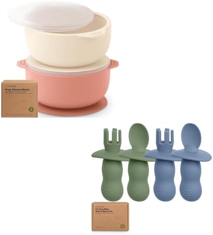 KeaBabies 2-Pack Suction Baby Bowls with Lids and Spoons Forks Set