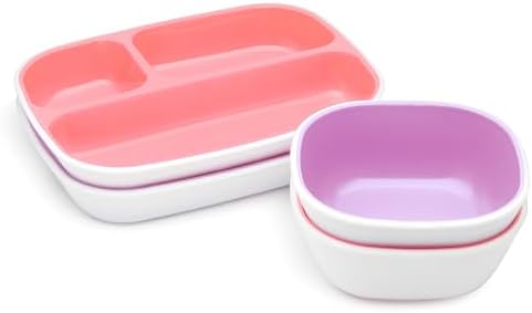 Munchkin Splash 4 Piece Toddler Plate and Bowl Set Pink Purple