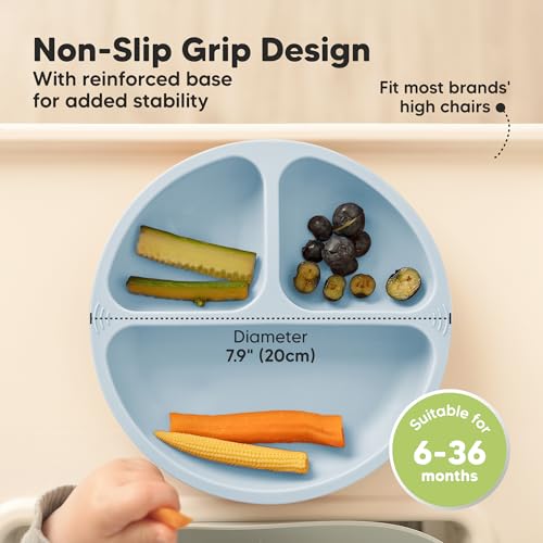 KeaBabies Suction Plates - 3-Pack BPA-Free Silicone Toddler Plates with PrepGrip Technology