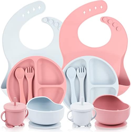 KEIERSE 12 Pcs Silicone Baby Feeding Set PinkBlue