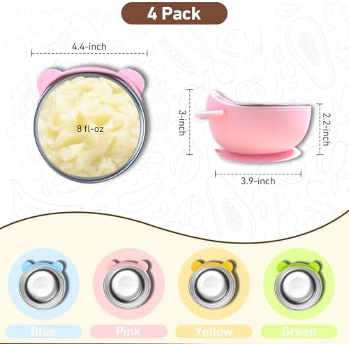 DZDOV 4 Pack Suction Baby Bowls - 8oz Stainless Steel and Silicone