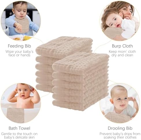 12 Pack Muslin Burp Cloths - 20x10 Extra Soft Brown