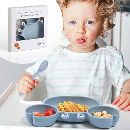 ROCCED Baby Spoon Fork Set with Suction Plates - Crab Shape Dusty Blue