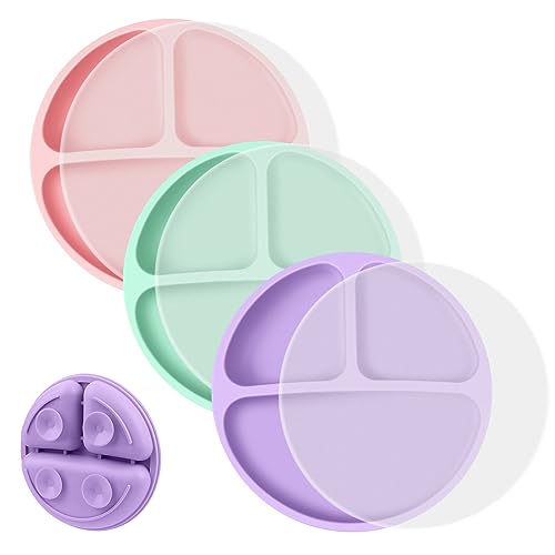 Vicloon Toddler Plates 3 Pcs Suction with Lids