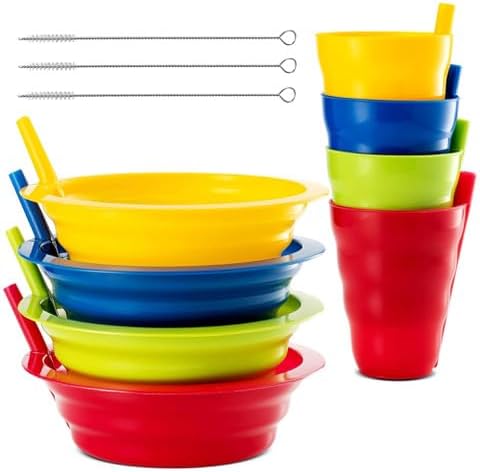 PLASKIDY Kids Cereal Bowls Straw Cups Set of 4