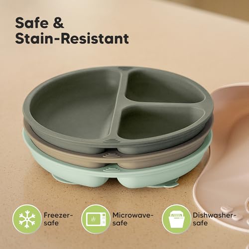 KeaBabies Suction Plates - 3-Pack BPA-Free Toddler Plates with Strong Grip