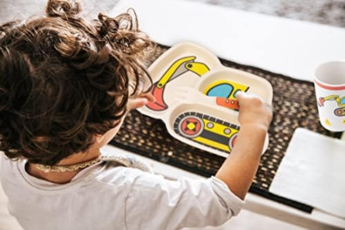 Kids Plates Set with Fork and Spoon 9-Piece Construction Themed Dinnerware
