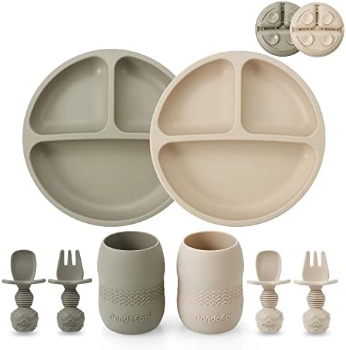 PandaEar Silicone Baby Feeding Set - 2 Plates 2 Cups 2 Spoons Forks