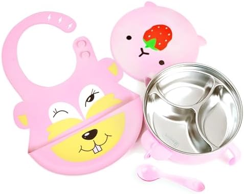 Qianliyer Cartoon Stainless Steel Baby Feeding Set Pink 1