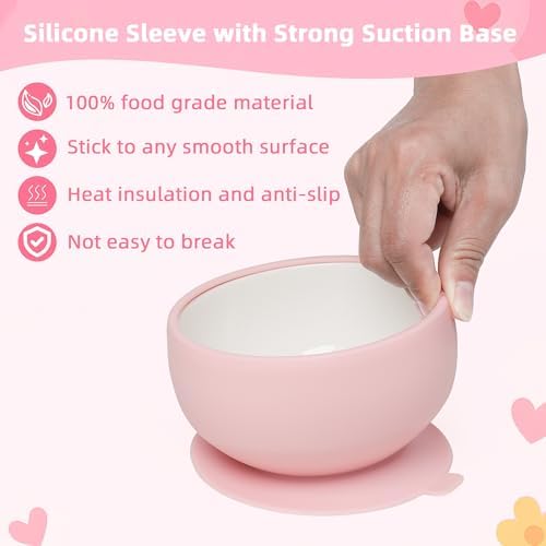 KingKam 2-Pack Porcelain Bowls with Silicone Suction Sleeve - PinkPurple