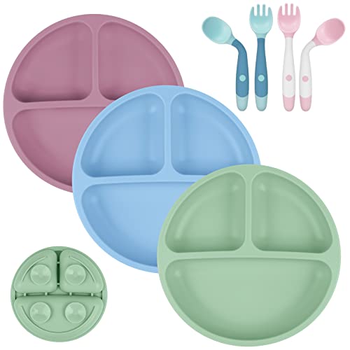 Vicloon 3 Pcs Suction Baby Plates with Spoons