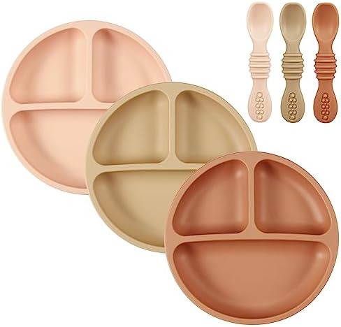 PandaEar 3 Pack Toddler Plates with Spoons - PinkBrownBrick Red 1