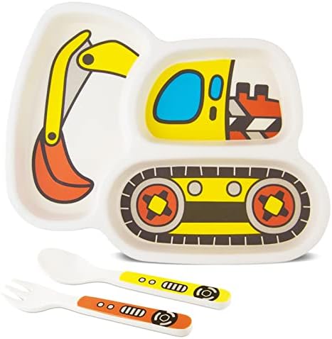 Kids Plate Set with Fork and Spoon - Construction Truck Themed