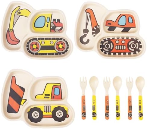 Kids Plates Set with Fork and Spoon 9-Piece Construction Themed Dinnerware