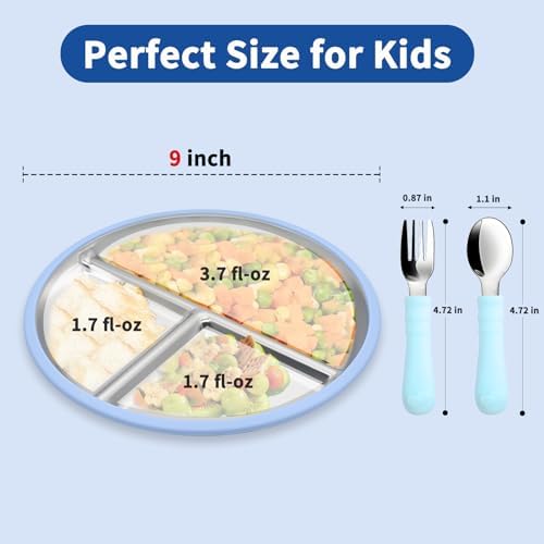 Munlinder 2 Pack Stainless Steel Baby Plates with Suction Utensils Set