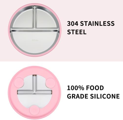 Munlinder 2 Pack Stainless Steel Baby Plates with Suction and Cutlery Set