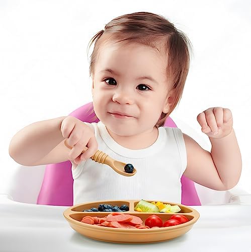 PandaEar 3 Pack Toddler Plates with Spoons - PinkBrownBrick Red 1