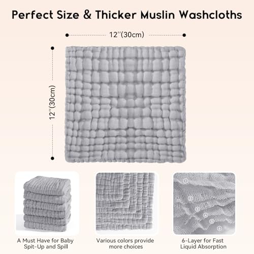 Unnivoll Muslin Baby Washcloths 6 Pack - 12x12 Light Gray 1