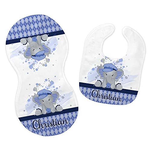 Personalized Baby Name Argyle Elephant Feeding Cloth Set