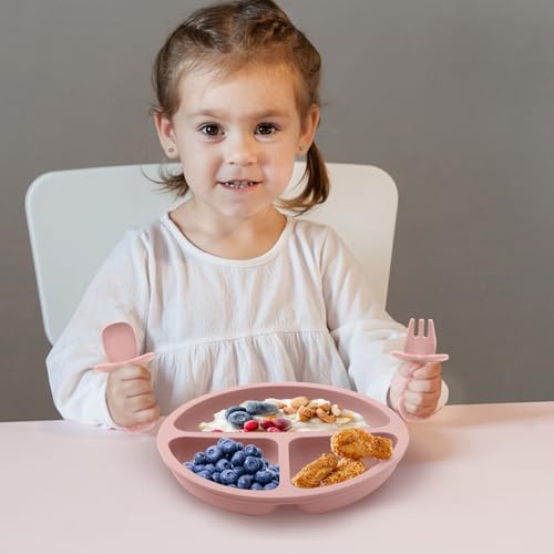 Eascrozn Silicone Baby Feeding Set 2 Pack with Divided Plates and Utensils