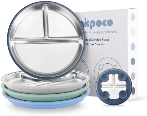 Bakpoco Stainless Steel Suction Plates 9 Divided Blue Gray Navy Sage 4 Pack