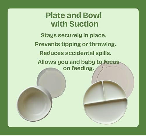OMOBABY 8 Pcs Food Grade Silicone Baby Feeding Set Pearl White Oatmeal