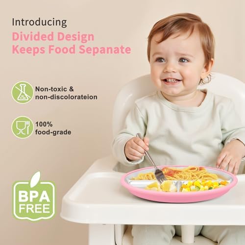 Munlinder 2 Pack Stainless Steel Baby Plates with Suction and Cutlery Set