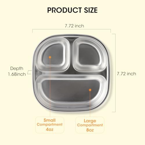 AIEVE Stainless Steel Baby Plate with Suction Base and Dividers
