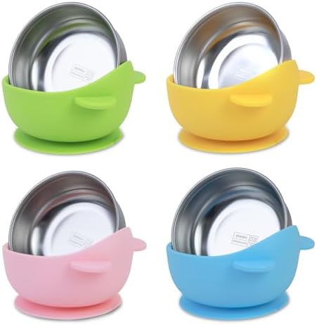 DZDOV 4 Pack Suction Baby Bowls - 8oz Stainless Steel and Silicone