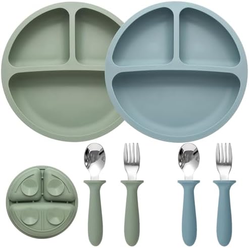Eascrozn Baby Feeding Set 2 Pack Silicone Suction Plates Cutlery