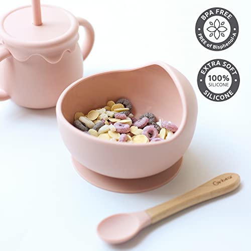 Ginbear Baby Feeding Set with Suction Bowl Silicone Bib and Spoon Baby Pink