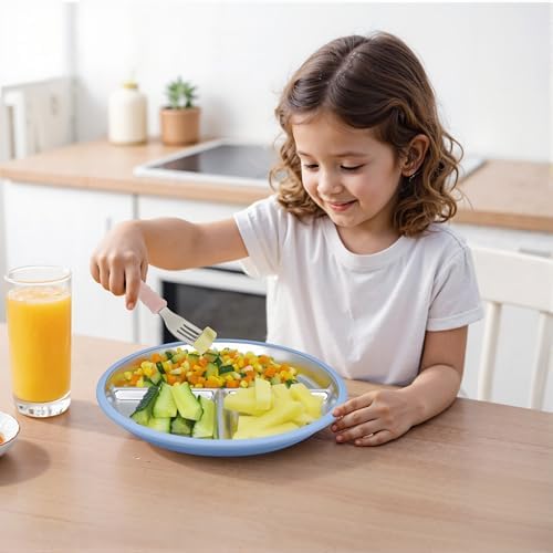 Munlinder 2 Pack Stainless Steel Baby Plates with Suction Utensils Set