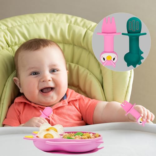 NICINGU Baby Toddler Suction Plate Set with Spoon Fork Pink Owl Design