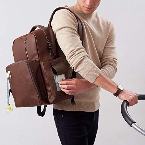Brown Leather Diaper Bag Backpack with Changing Pad