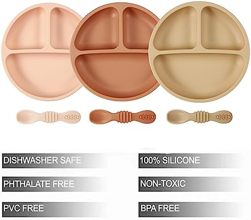 PandaEar 3 Pack Toddler Plates with Spoons - PinkBrownBrick Red 1
