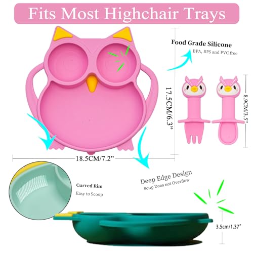 NICINGU Baby Toddler Suction Plate Set with Spoon Fork Pink Owl Design