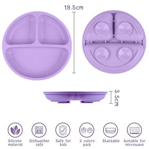 Vicloon Suction Plates 2 Pcs BPA-Free Toddler Silicone Plates with Divided Design
