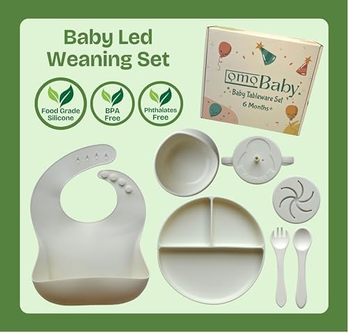 OMOBABY 8 Pcs Food Grade Silicone Baby Feeding Set Pearl White Oatmeal