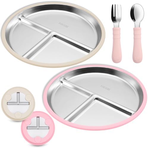 Munlinder 2 Pack Stainless Steel Baby Plates with Suction and Cutlery Set