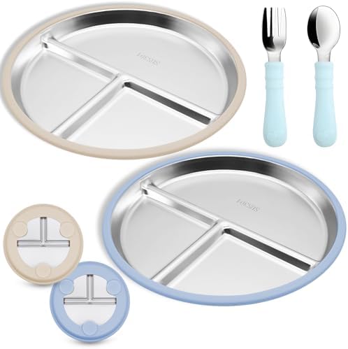 Munlinder 2 Pack Stainless Steel Baby Plates with Suction Utensils Set