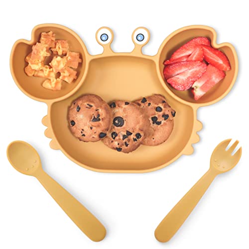 ROCCED Suction Plates Spoon Fork Set for Baby - Crab Yellow