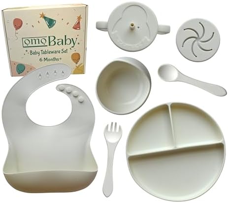 OMOBABY 8 Pcs Food Grade Silicone Baby Feeding Set Pearl White Oatmeal
