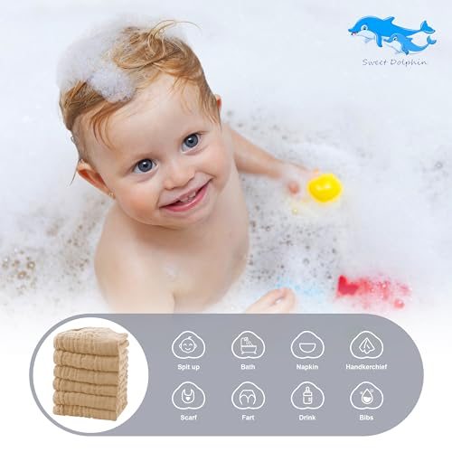 SWEET DOLPHIN 12 Pack Soft Baby Muslin Washcloths - 10x10 Brown