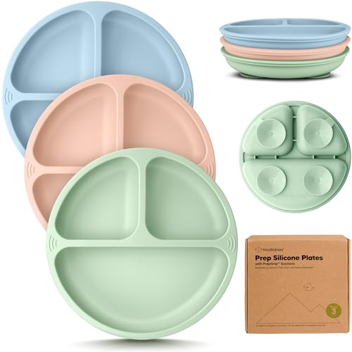 KeaBabies Suction Plates - 3-Pack BPA-Free Silicone Toddler Plates with PrepGrip Technology