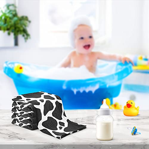WIFIU 12x12 Inch Black White Cow Print Muslin Washcloths 5 Pack