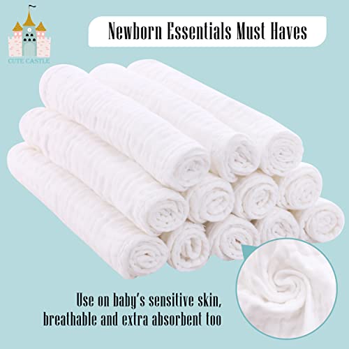 Cute Castle 12 Pack Muslin Burp Cloths - 20x10 White