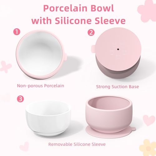 KingKam 2-Pack Porcelain Bowls with Silicone Suction Sleeve - PinkPurple