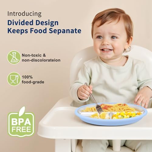 Munlinder 2 Pack Stainless Steel Baby Plates with Suction Utensils Set